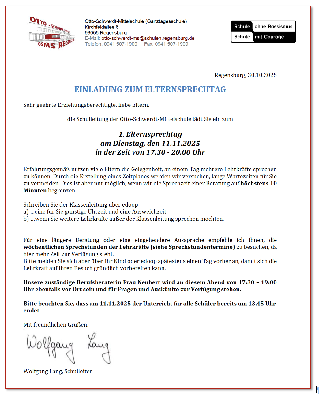 25 26 11 Einladung Elternsprechtag